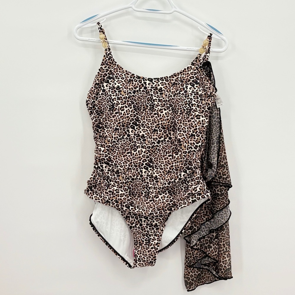 Leopard Print One-Piece Swimsuit with Ruffle Cover-Up - Brown